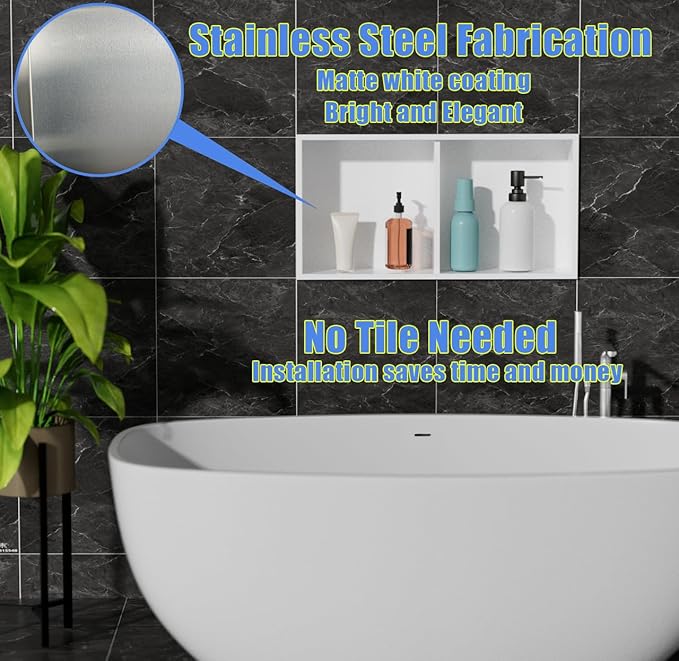 Recessed Wall Niche for Shower Room Storage,Double-Layer Shelves,Wall Insert Tile Ready,Stainless Steel(White, 24 * 12 in)