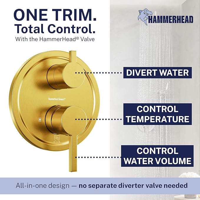 HammerHead Solid Metal Rain Shower System Set with Handheld and 10" Rainfall Head, Shower Valve and Trim Kit, 2-Handle Shower Faucet Set with 2 Way Diverter Body – Brushed Gold