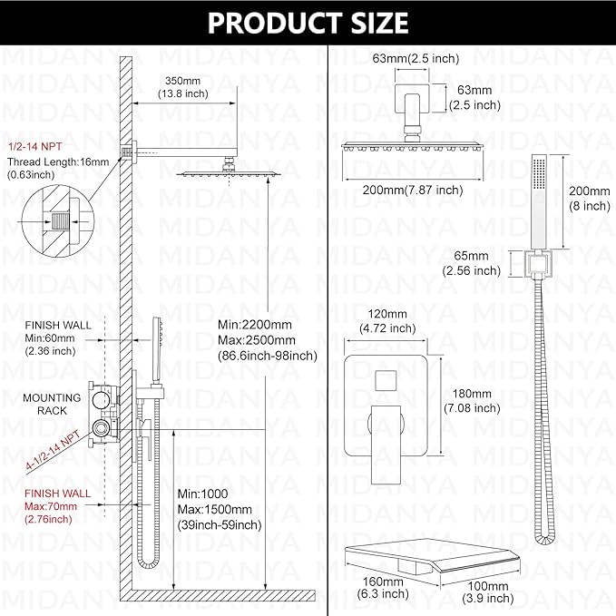 Midanya Rain Shower System with Tub Spout,Tub Shower Faucet Set with rainfall Shower Head and Handheld Spray,Wall Mount Tub Shower Combo Rough-in Valve Included,8 Inch Brushed Nickel