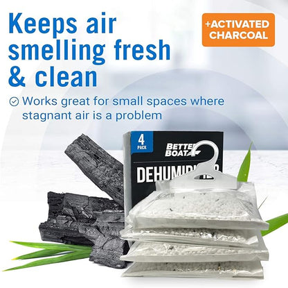 4 Pack Moisture Absorber Hanging Bags, Boat Dehumidifier with Charcoal, Unscented, Removes Dampness and Musty Odors, Ideal for Basement, Closet, Home, Car, RV, and Boating