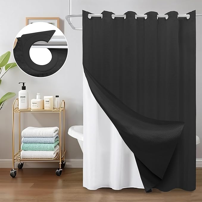 Inhousolu No Hook Waffle Weave Shower Curtain with Removable Snap in Fabric Liner Set for Bathroom, 230 GSM Heavy Duty Weighted Hem, Water Repellent Washable Bath Curtains, 72 x 72 Inch, Black