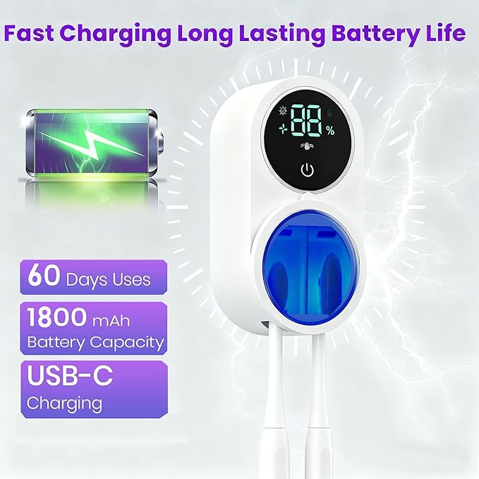 KLUEHOME UV Toothbrush Sanitizer & Holder for Bathroom, LED Smart Screen, Light Cleaning and Air Drying, Mirror Wall Mounted,Fits Most Electric, Manual and Kids’ Toothbrushes