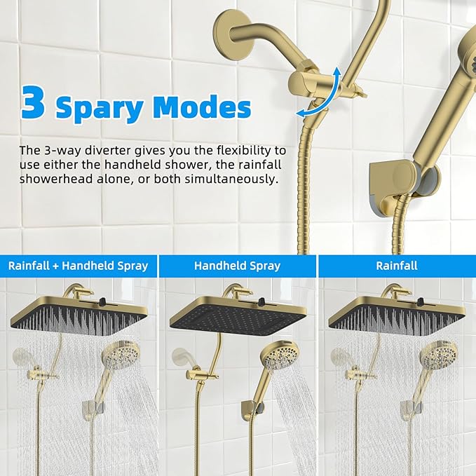 Hibbent High Pressure 13'' Dual Shower Head Combo with 10-mode Handheld Spray, Upgraded Rainfall 5-spray Shower Head, 12'' Adjustable Extension Arm, 71'' Hose, Showerhead Holder, Brushed Gold