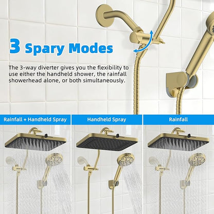 Hibbent High Pressure 13'' Dual Shower Head Combo with 10-mode Handheld Spray, Upgraded Rainfall 5-spray Shower Head, 12'' Adjustable Extension Arm, 71'' Hose, Showerhead Holder, Brushed Gold