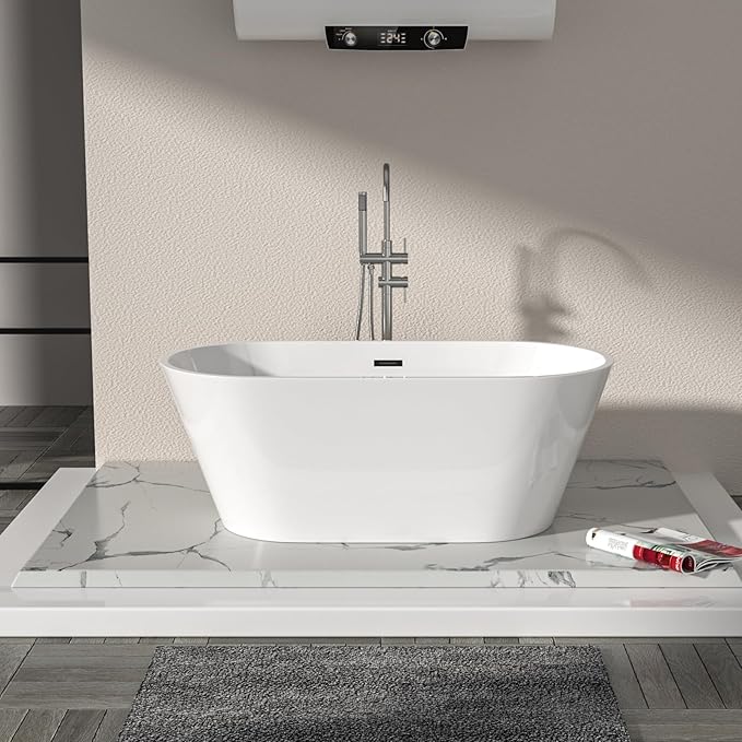 Logmey 59 Inch White Acrylic Freestanding Bathtub Oval Shape Soaking Tub with Black Drain & Overflow Assembly for Classic and Modern Bathrooms