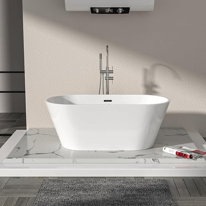 Logmey 59 Inch White Acrylic Freestanding Bathtub Oval Shape Soaking Tub with Black Drain & Overflow Assembly for Classic and Modern Bathrooms