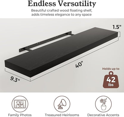Floating Shelves for Wall, 9.3" Deep Wall Mounted Wood Shelves for Bathroom, Bedroom, Living Room, Kitchen, Hanging Shelf for Books/Storage/Room Decor (Black, 40")