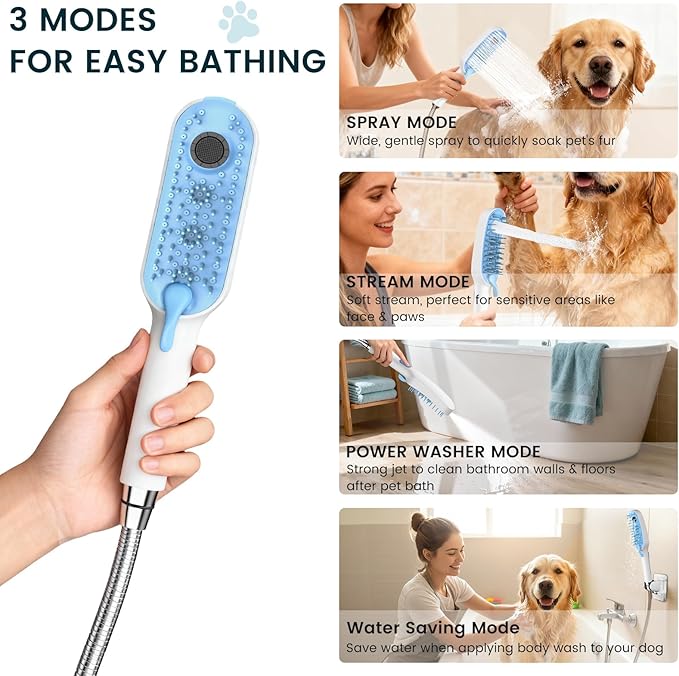 4 Mode Dog Shower Attachment, Dog Shower Sprayer with 78 Inches Stainless Steel Hose, ABS Diverter, Adhesive Holder, for Fast Easy Dog Bathing and Cleaning, Indoor/Outdoor Use