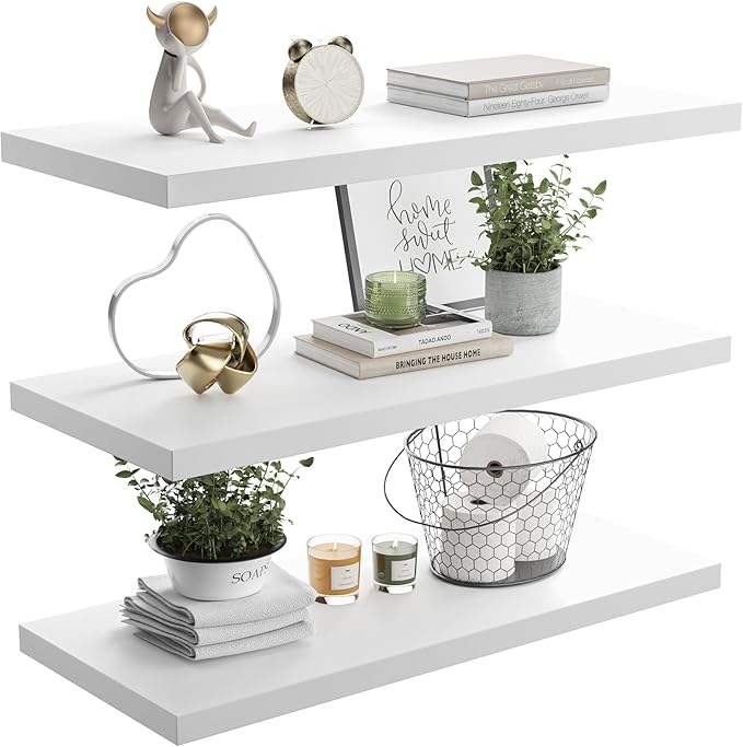 Wall Shelf Set of 3, White Floating Shelves 24 in W x 10 in D x 1 in H, Wooden Floating Wall Shelf with Invisible Brackets for Living Room/Bedroom/Bathroom/Kitchen Storage and Decor