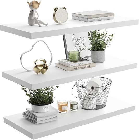 Wall Shelf Set of 3, White Floating Shelves 24 in W x 10 in D x 1 in H, Wooden Floating Wall Shelf with Invisible Brackets for Living Room/Bedroom/Bathroom/Kitchen Storage and Decor