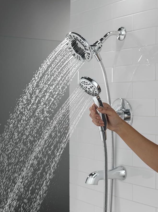 Delta Faucet Albion 14 Series Single-Handle Tub and Shower Faucet Set, Chrome Shower Trim Kit with 4-Setting In2ition 2-in-1 Dual Hand Held Shower Head, Chrome T144855-I (Valve Not Included)