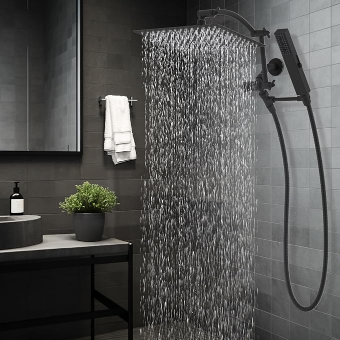 Hibbent All Metal CUPC Certified 12'' Rainfall Shower Head, Dual Shower Head Combo, High Pressure Handheld 4 Sprays Shower Wand, 16'' Adjustable Extension Arm, 71'' Hose, Shower Holder, Matte Black