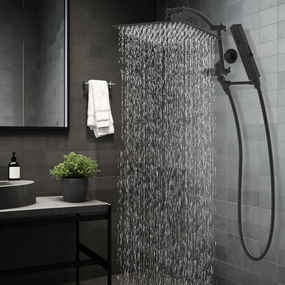 Hibbent All Metal CUPC Certified 12'' Rainfall Shower Head, Dual Shower Head Combo, High Pressure Handheld 4 Sprays Shower Wand, 16'' Adjustable Extension Arm, 71'' Hose, Shower Holder, Matte Black