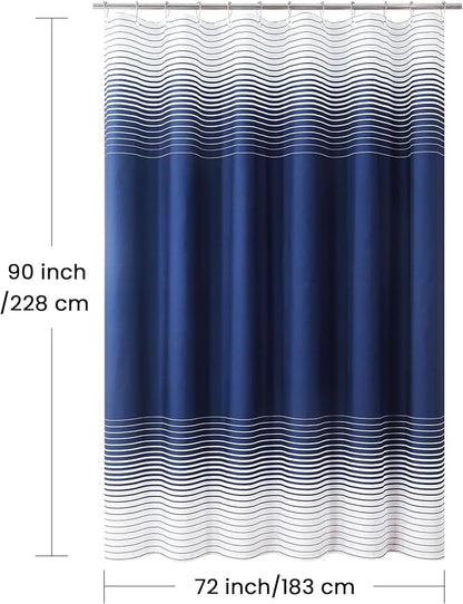 90 Inch Blue Shower Curtain, Extra Long Modern Navy Blue and White Gradient Horizontal Stripe Waterproof Polyester Shower Curtains for Bathroom, 72x90 Inches