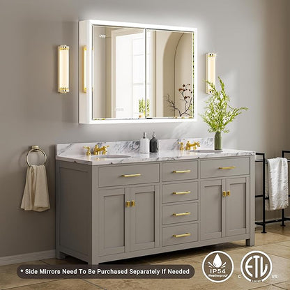 40x30 Beveled Lighted Medicine Cabinet with Mirror & Lights, Surface or Recessed Mirrored Medicine Cabinet with Outlet & Clock, Anti-Fog Dimmable LED Storage Cabinet, Built-in Sensor Light
