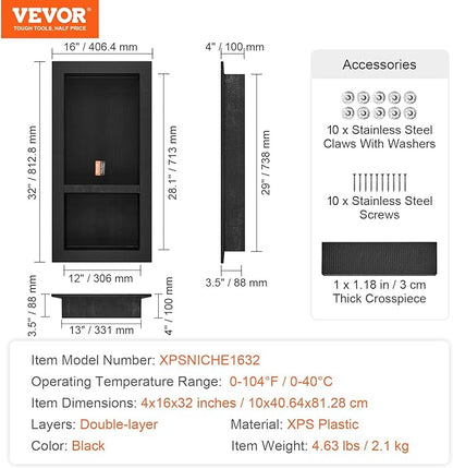 VEVOR Shower Niche Insert Tile Ready 16" x 32", Double Shelf Niche for Shower Wall Bathroom for Shampoo and Toiletry Storage, Black