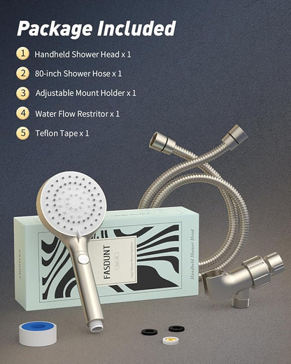 FASDUNT Shower Head with Handheld, High Pressure Handheld Shower Head with 80" Extra Long Stainless Steel Hose & Adjustable Bracket, Showerhead with ON/OFF Switch for Pets Bath, Brushed Nickel