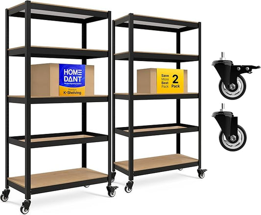 HOMEDANT House 5-Tier Metal Rolling Cart Shelf Rack Casters Heavy Duty Laminated Wheel Shelving Unit Adjustable Utility Storage Shelves Organizer Shelf Kitchen Garage (2, (M) 36.2" W, Black)