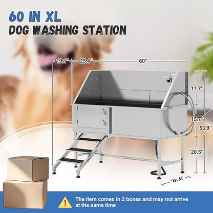 Albott 60 Inch Stainless Steel Dog Washing Station, Professional Pet Bathtub with Stairs, 3-Speed Adjustable Showerhead, Removable Grates, and Easy-Clean Design, XL for Large Dogs (Left Door).