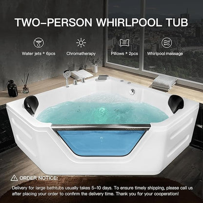 Corner Tub 2 Person Acrylic Whirlpool Bathtub,59" Corner Jetted Bathtub with Light,Spa Bath tub with 6 Jets,Hydro Massage Tub with Chromatherapy,White