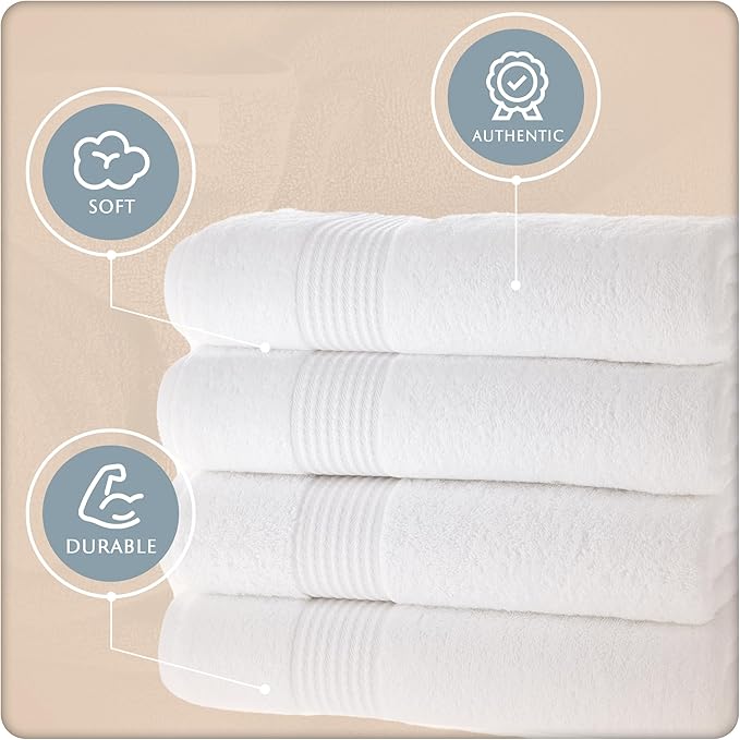 MAURA Basics Performance Bath Towels 100% Turkish Cotton with Hook Loops. Extra Large Luxury Absorbent Plush Towel Sets for Bathroom, Daily Use American Standard Size 27”x54”, White