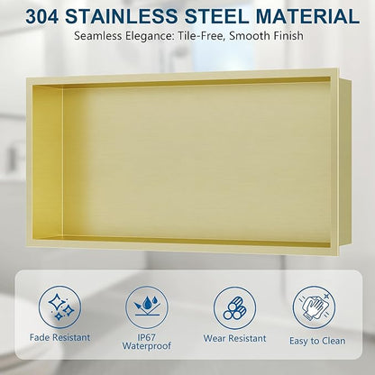 Neodrain No Tile Shower Niche, Golden Stainless Steel Wall Niche 25.1"X13.1"(Inner Size 24"X12"), NO Tile Needed Recessed Cabinet for Bathroom Storage, Waterproof Cubby