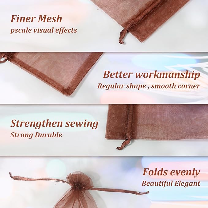 Hopttreely 100PCS Sheer Organza Bags, 4x4.72 Brown Satin Drawstring Organza Jewelry Pouch Wedding Party Favor Gift Bag