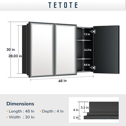 TETOTE 48x30 Inch Medicine Cabinet with Mirror Black Framed Bathroom Aluminum Framed Surface Recessed Wall-Mounted Medicine Cabinets Beveled Mirror with Storage 3 Door Modern Farmhouse