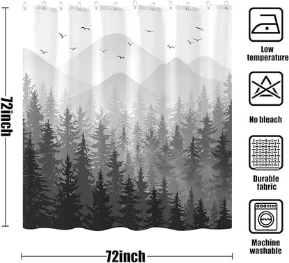 Aipon Black Misty Forest Shower Curtain Gray Ombre Nature Tree Plants Shower Curtains Fabric Waterproof Mountain Shower Curtain Sets for Bathroom Bath Decor with 12 Hooks (Black, 72'' × 72'')