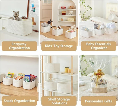 Small Cotton Rope Basket – Storage Bin for Organizing (10.6" x 6.7" x 6.7"), Bathroom Storage Basket for Shelf, Counter & Closet（White）