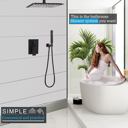 Matte Black Full Body Rain Shower System 16 Inch Ceiling Mount Dual Function Shower Faucet System Set with Overhead Rainfall Shower and Handheld Spray, Pressure Balance Valve Kit and Trim