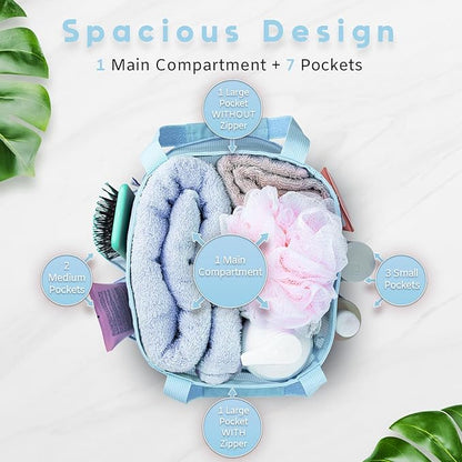 Mesh Shower Caddy Dorm, 7 Pockets & 1 with Zipper, Shower Tote with Padded Handles, Travel Portable, Shower Caddy College Room Essentials, Bathroom Shower Bag (Blue)