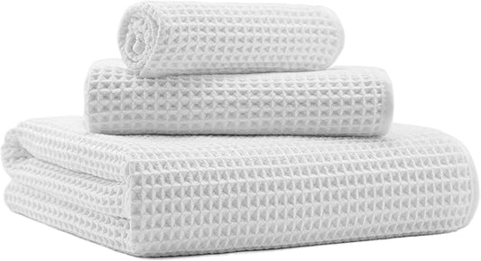 New Microfiber Waffle Bath Towels, 3 Pieces, Oversized, Soft, Absorbent, Fast Drying, Lint Free, Includes Bath, Face and Hand Towels