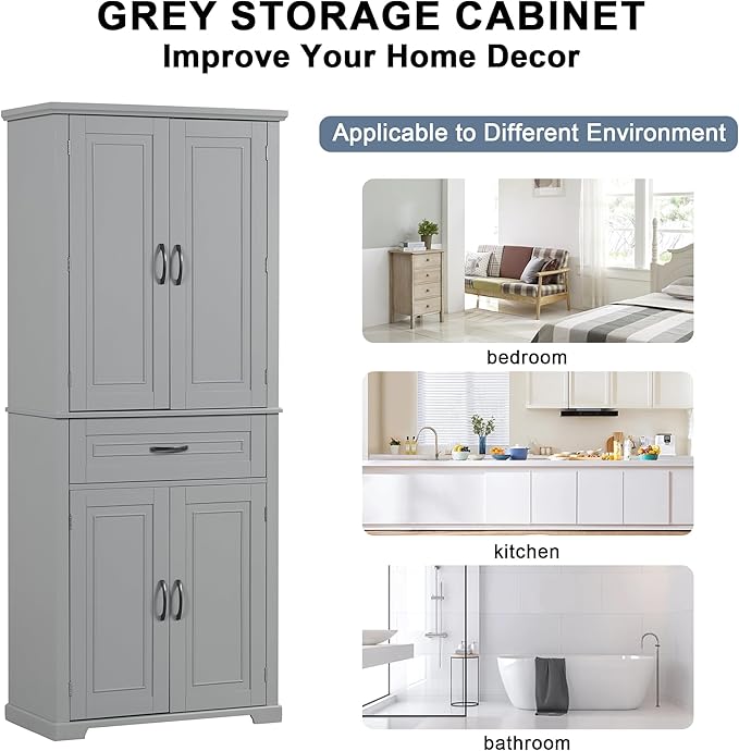 Favfurish 72" Tall Bathroom Storage Cabinet with Doors and Drawer,Modern Linen Cabinets w/Adjustable Shelves & Door Storage Rack,Freestanding Organizer for Bath Room,Study,Office,Kitchen Grey
