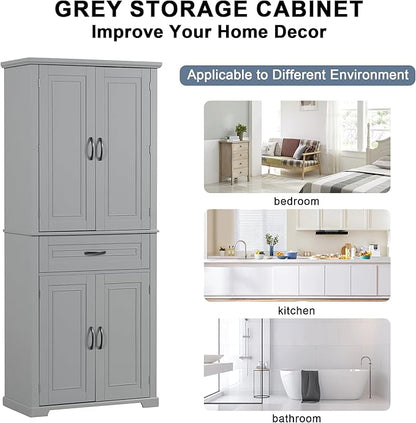 Favfurish 72" Tall Bathroom Storage Cabinet with Doors and Drawer,Modern Linen Cabinets w/Adjustable Shelves & Door Storage Rack,Freestanding Organizer for Bath Room,Study,Office,Kitchen Grey