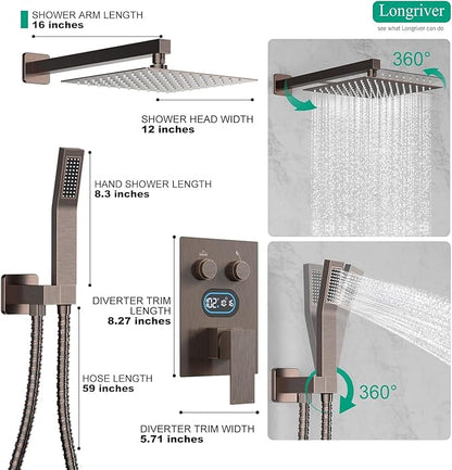 Push Button Diverter Shower Faucet Set Hydro Power Temperature Display, Shower System 12 Inches Shower Head with Handheld Spray, Wall Mounted Shower Fixtures with Valve and Trim Kit, Oil Rubbed Bronze