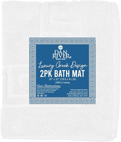 DAN RIVER Greek Cotton Bath Mats Set of 2 – Not a Bathroom Rug, Ultra Soft, Highly Absorbent & Machine Washable Bath Mat Towel for Bathroom Floor Mat – Durable, Quick-Dry, 21x34 Inches, White