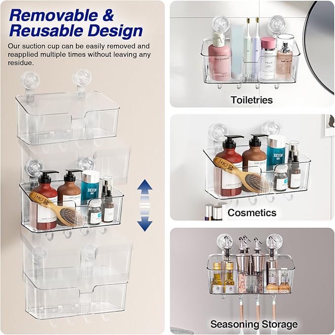 Clear Shower Caddy Suction Cup Shelf Organizer with Hooks Removable Shower Basket Light Luxury Style Punch-Free Dorm Wall Storage Rack for Kitchen Bathroom Set of 3