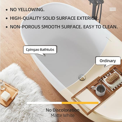 Cpingao 55" Stone Resin Solid Surface Freestanding Bathtub, Modern Elegant Design Soaking Stand Alone Tub, Matte White, Chrome Drain and Overflow Included 8823A-1400