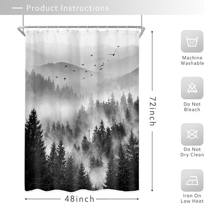 Riyidecor Black and White Shower Curtain 48Wx72H Inch,Stall Narrow Rv Small Nature Woods,Landscape Scenery Pine Tree Woodland Rustic Cool Mens Bathroom Decor Fabric Polyester Waterproof 12 Pack Hooks