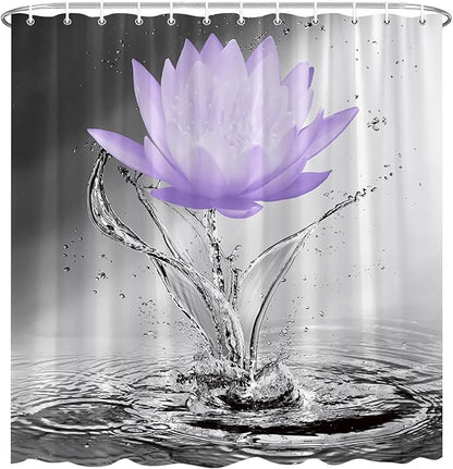 Lotus Shower Curtain Black White Grey Violet Flower Elegant Blooming Floral with Dew Spring Flower Reflection on Water Modern Romantic Polyester Fabric Bathroom Decor 70×78 Inch with Hook