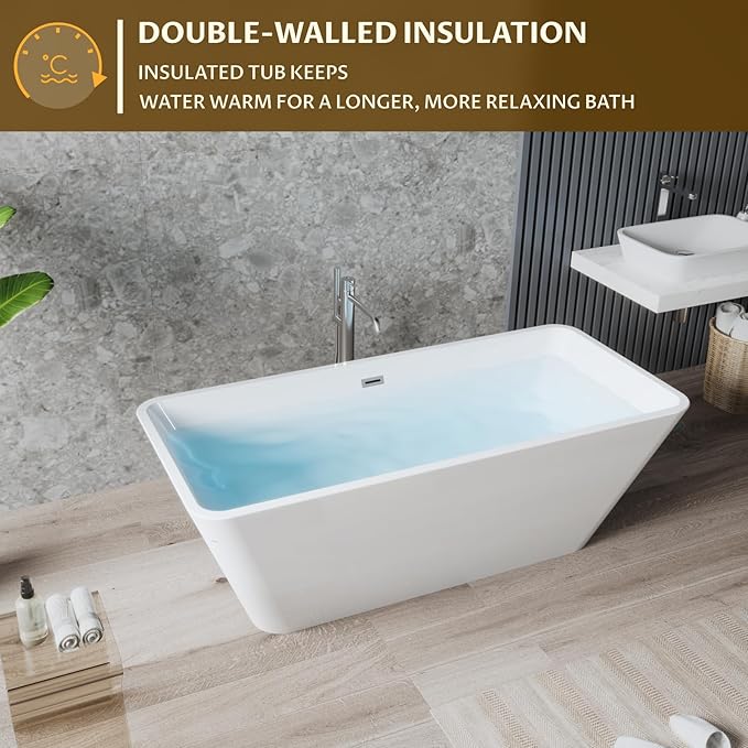 59 Inch Acrylic Freestanding Bathtub – Ergonomic Soaking Tub with Contoured Design, Integrated Overflow & Drain Kit, Lightweight Glossy White Tub for Bathroom Remodel
