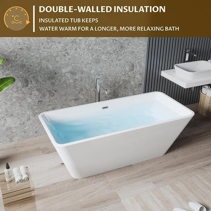 66 Inch Freestanding Bathtub, Acrylic Deep Soak Tub, Glossy White, Easy Install with Overflow & Drain