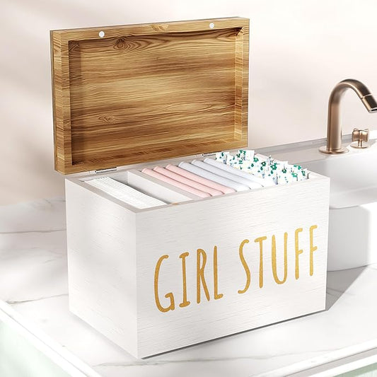 Tampon Holder for Bathroom with Hinged Lid, Feminine Product Organizer, Bathroom Period Products, Toilet Organizer, Bathroom Accessories Box for Girl Stuff (White)