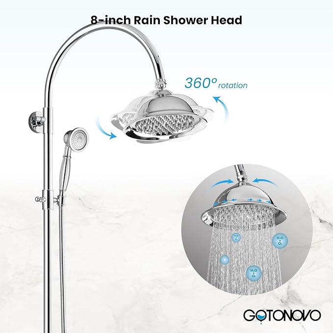 gotonovo Bathroom Classic Exposed Shower Faucet Wall Mount Shower System 8 Inch Luxurious Rainfall Shower Head Set with Tub Spout and Handheld Spray Double Cross Handles Polished Chrome