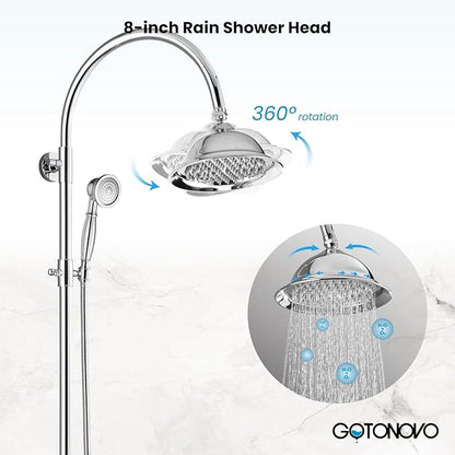 gotonovo Bathroom Classic Exposed Shower Faucet Wall Mount Shower System 8 Inch Luxurious Rainfall Shower Head Set with Tub Spout and Handheld Spray Double Cross Handles Polished Chrome