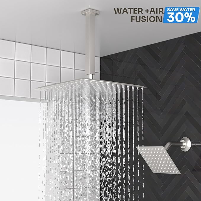 Enga Shower Systems with 4 Body Spray Jets, 4 Way 12+6" Rainfall Shower Head with Handheld Combo, Ceiling Mounted Shower Jets System in Wall Shower Faucet Sets Complete, Brushed Nickel