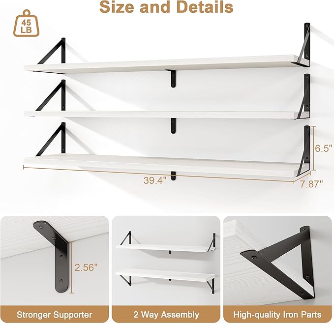 Fun Memories Long Wall Shelves for Bedroom, Set of 3 Large 40-Inch Floating Bookshelves, Rustic Wood Display Shelf for Home and Office (White)