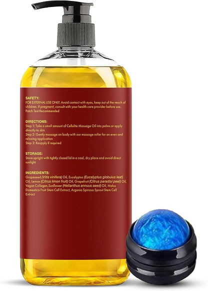 Majestic Pure Firming Body Massage Oil with Collagen – Helps Smooth The Appearance of Cellulite & Improve Skin Texture – Refreshing Aromatherapy Body Oil for Legs & Full Body – 8 Fl Oz, with Roller