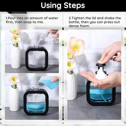 Segbeauty 10.1oz Black Foaming Soap Dispenser, 2pcs 300ml Square Refillable Dish Soap Foam Dispenser for Kitchen Cleaning, Empty Bathroom Shampoo Body Wash Foam Soap Pump Bottles with Pump Stickers